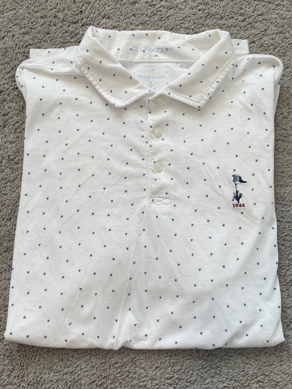 B Draddy Mens XL White Star Print Polo Shirt 100% Pima Cotton Golf Flag 1944
